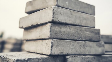 Stack of gray concrete paving stones outdoors.