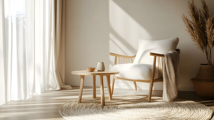 A well-lit, modern living room with soft tones and abundant natural light creating a calming atmosphere.