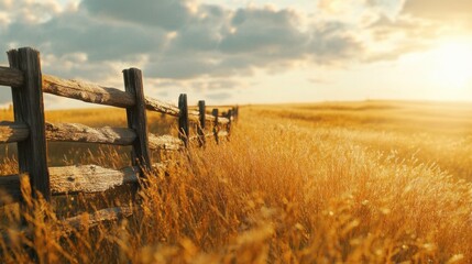Fototapeta premium Serene Landscape with Wooden Fence Under Bright Golden Sky
