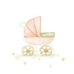 Pastel Pink Baby Stroller: A charming watercolor illustration of a pastel pink baby stroller sitting on a grassy patch, surrounded by delicate pastel flowers. Perfect for baby shower invitations.