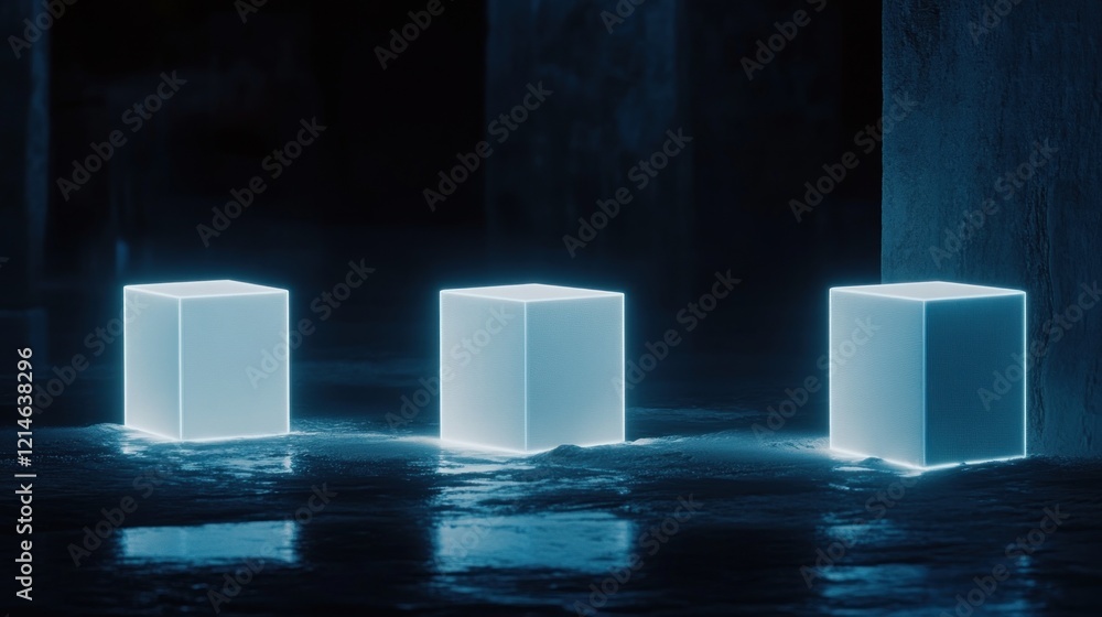 Poster glowing cubes in a dark abstract setting