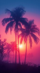 Obraz premium Palm trees in silhouette against a pink and blue sunset