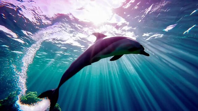 Majestic dolphin gracefully swimming beneath the ocean's surface, bathed in the ethereal glow of sunbeams penetrating the water, creating a mesmerizing spectacle of light and marine life
