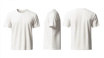 Realistic 3D mockup of blank white men t-shirt. Front view, side view, back view shown. Isolated on transparent background. Ideal for apparel design templates fashion marketing materials. Versatile