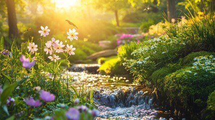 Fototapeta premium A vibrant spring nature scene with a flowing stream, flowers blooming, and birds singing in the trees