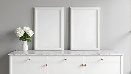 Elegant white dresser adorned with a polished marble top features six sleek drawers and cupboards capped with rich brown knobs. A delicate white vase, holding fresh blooms, graces its left side