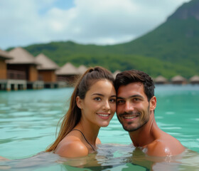 Fototapeta premium A couple enjoys a tropical lagoon surrounded by scenic mountains and luxurious water villas, reflecting love and escape