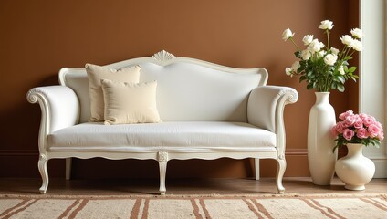 Elegant white couch with plush cushions and pillows, complemented by a stylish white vase, set against warm brown walls for an inviting ambiance