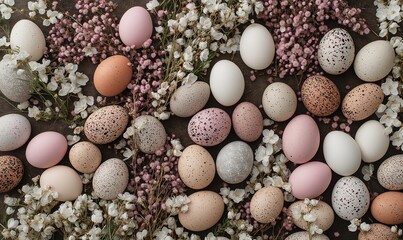Festive easter light coloured background. Happy easter concept, eggs, flowers, herbs