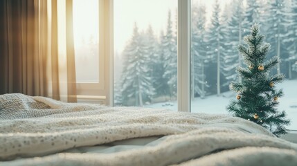 Fototapeta premium Serene Winter Morning: Cozy Bed by Window with January Decor and Tiny Frosty Pine Tree- Ultra-Detailed Cinematic Image