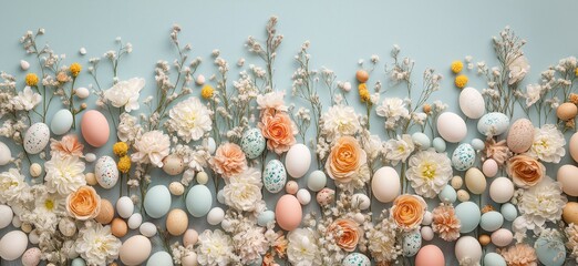 Festive easter light coloured background. Happy easter concept, eggs, flowers, herbs