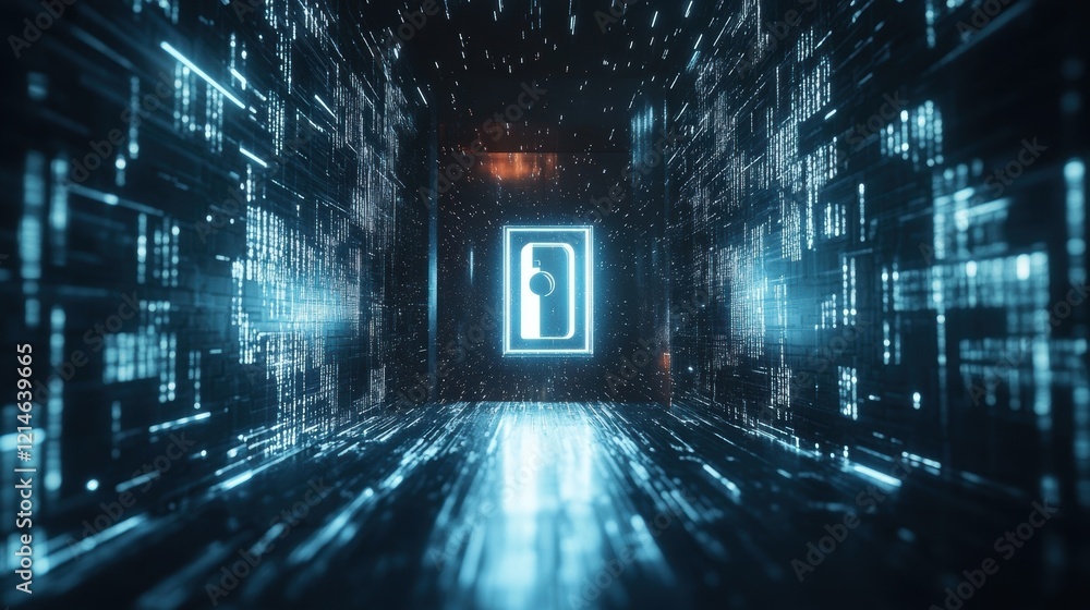 Poster glowing digital wallet icon floats in center of futuristic cyberspace corridor with binary code stre