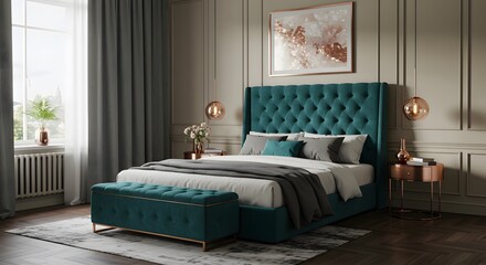 Futuristic Modern Bedroom Interior in Skyscraper - 2030 Trending Color Scheme for Business & Banners.