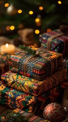 Fototapeta premium Several wrapped presents are stacked on a table with candles, vertical background