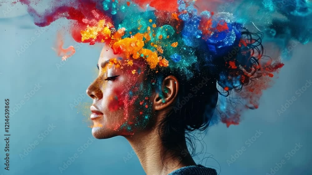 Poster a woman with closed eyes embodies tranquility as vibrant colors and abstract forms swirl above her h