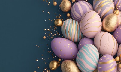 festive easter eggs with bright bibrant colours, golden dust and sparkles, colour waves. Top view.
