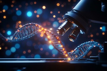 a micro robotic manipulator manipulating the structure of a DNA chain with double helix, scientific feeling, microscope  perspective