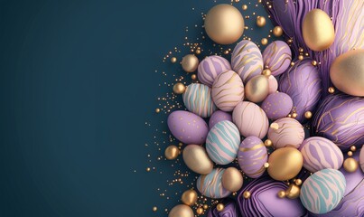 festive easter eggs with bright bibrant colours, golden dust and sparkles, colour waves. Top view.