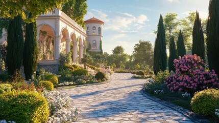 A lavish garden estate with a stone pathway leading to the entrance.