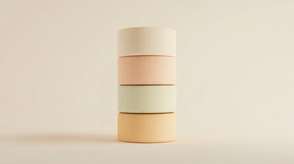 Stacked pastel colored cylinders on beige background.