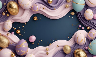 festive easter eggs with bright bibrant colours, golden dust and sparkles, colour waves. Top view.