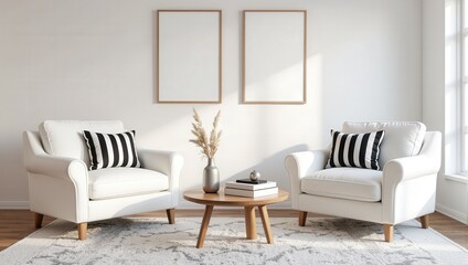 Elegant white leather armchairs flanked by black-and-white-striped pillows rest on a chic white-gray patterned rug. A stylish round wooden table adds symmetry before them