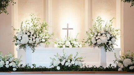 Sophisticated wedding stage design with soft white flowers, greenery accents, and a cross centerpiece, perfect for vows