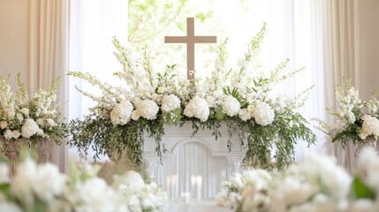Sophisticated wedding stage design with soft white flowers, greenery accents, and a cross centerpiece, perfect for vows