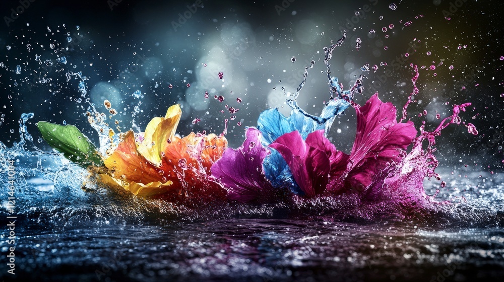 Poster vibrant flower splashes water pool artistic photography dynamic setting close-up view dreamy concept