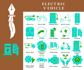 A versatile modern and minimalist Electric Vehicle Icon Set, with green and blue colors, ideal for websites, mobile apps, presentations and marketing materials.