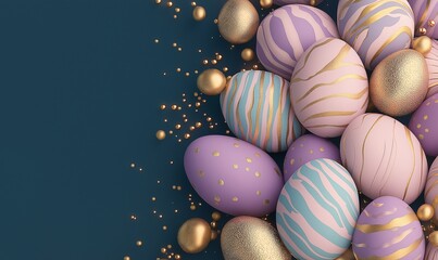 festive easter eggs with bright bibrant colours, golden dust and sparkles, colour waves. Top view.