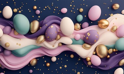 festive easter eggs with bright bibrant colours, golden dust and sparkles, colour waves. Top view.