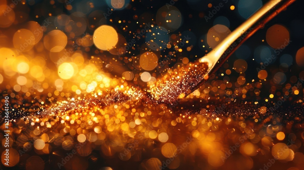 Poster Sparkling golden glitter being poured from a spoon, creating a shimmering effect in a blurred background