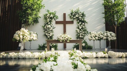 Stunning wedding stage setup with abundant white flowers, trailing greenery, and a simple wooden cross