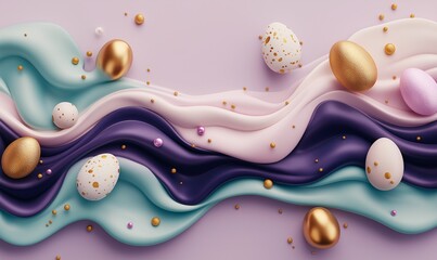 festive easter eggs with bright bibrant colours, golden dust and sparkles, colour waves. Top view.