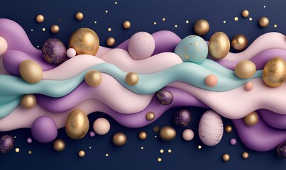 festive easter eggs with bright bibrant colours, golden dust and sparkles, colour waves. Top view.