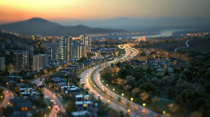 Naklejka premium Aerial view of a vibrant cityscape at sunset with winding roads and illuminated buildings