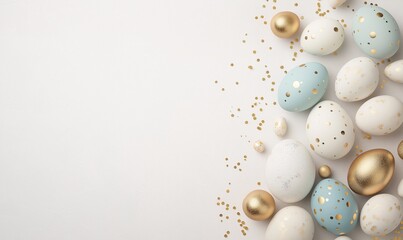 Festive easter light coloured background. Happy easter concept, eggs, flowers, herbs	