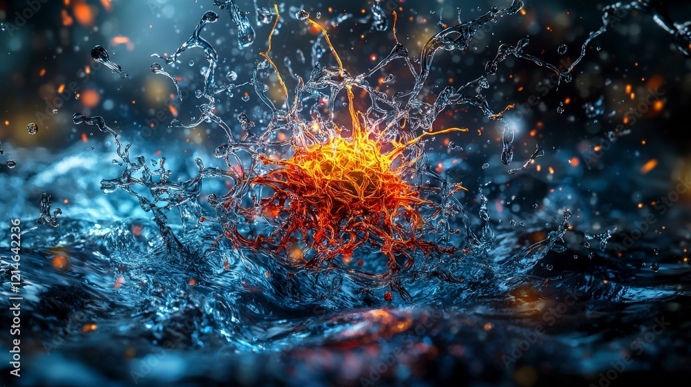 Poster dynamic splash of colorful fragments water surface abstract art surreal environment close-up viewpoi