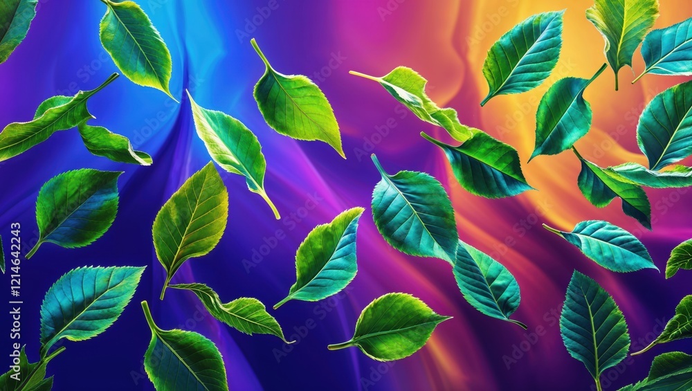 Poster vibrant green leaves float against a colorful background, creating a dynamic and lively composition 