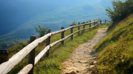 Fototapeta premium Scenic Mountain Trail with Wooden Fence and Lush Green Landscape