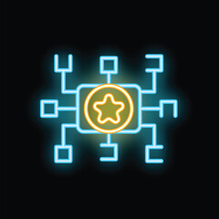 Neon sign illuminating a star shape inside a microchip, symbolizing a non fungible token - nft - , against a dark background