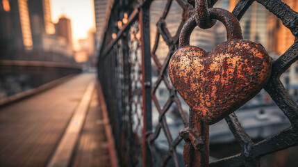 Weathered Heart Lock with Dramatic Cinematic Lighting Capturing Time-Worn Romance on Historic Bridge