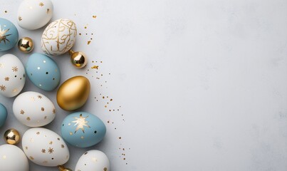 Festive easter light coloured background. Happy easter concept, eggs, flowers, herbs	