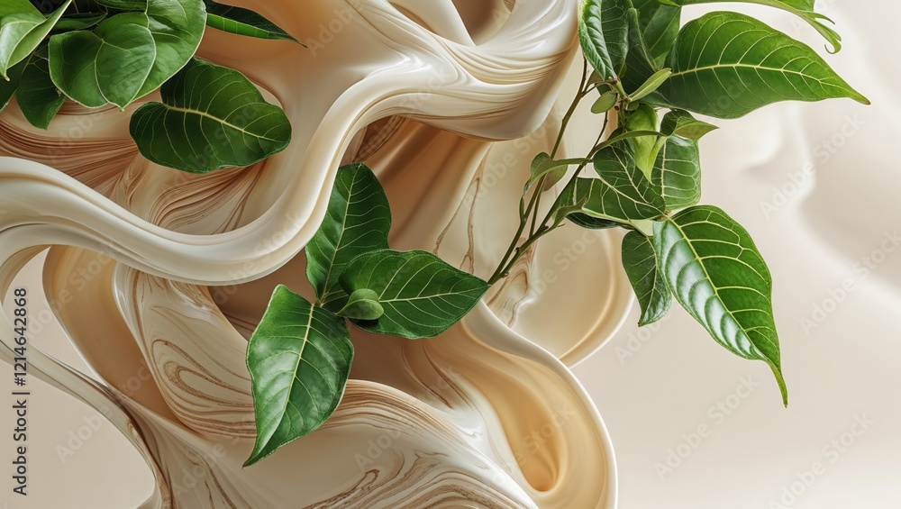 Poster a flowing fabric with soft cream tones intertwined with vibrant green leaves, creating a harmonious 