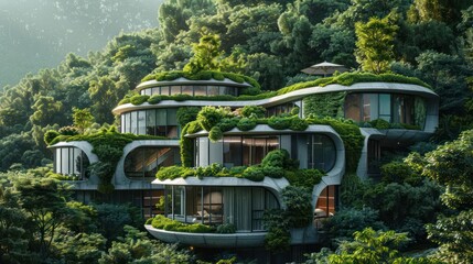 Obraz premium Futuristic eco-friendly homes nestled in lush greenery, showcasing innovative architecture and nature