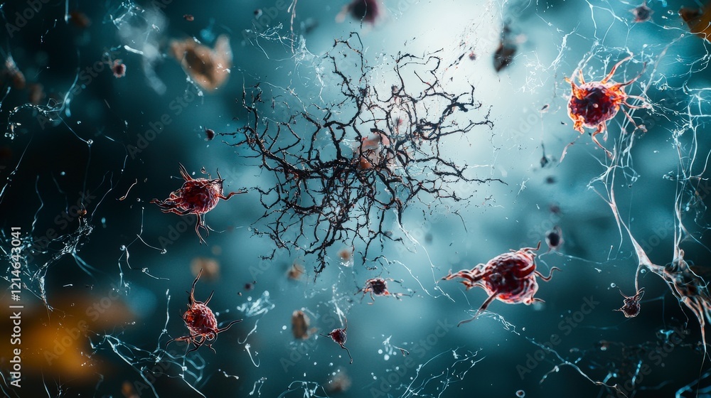 Poster Cells in motion exploring microbial life lab setting scientific visualization abstract depth close-up perspective