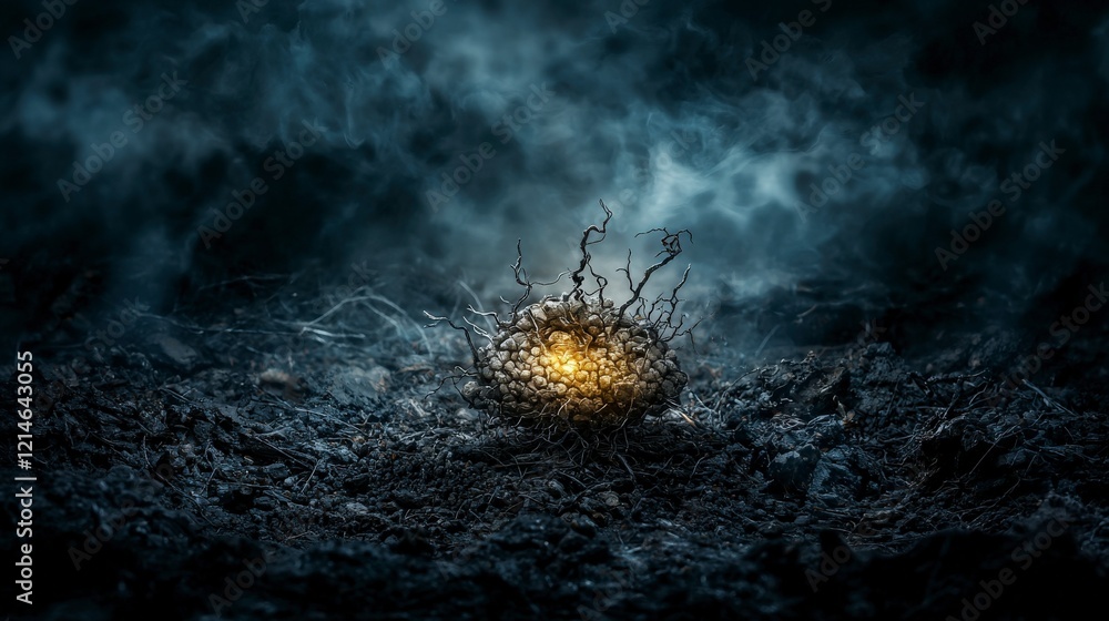 Poster Close-up of mysterious light emanating from twisted roots on the dark forest floor nature photography