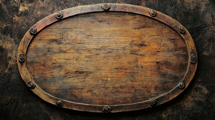 Rustic Wooden Plaque with Metal Frame on Dark Textured Background