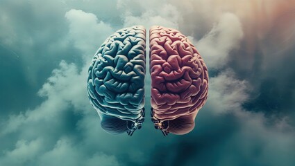 An artistic representation of a brain split into two halves, one blue and one pink, set against a cloudy background, symbolizing duality and cognitive processes.